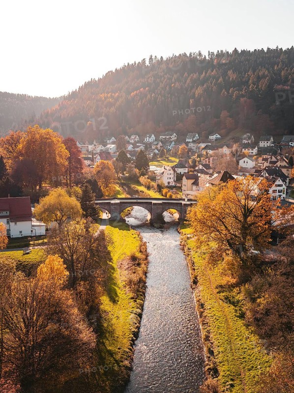 Autumn scene of a village with bridge and river amidst trees and wooded hills, Calw, Black Forest, Germany