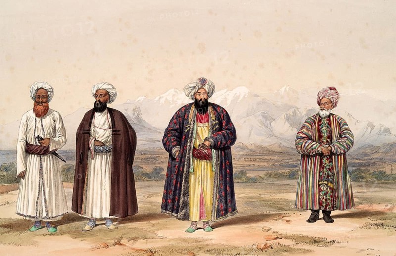 Atamaram, Prime Minister of the Head of Koondooz, Naib Mahomed Shureef, Gholam Mahomed, Barukzye and Jan Fishan Khan, Pergamee, Afghanistan, after an illustration from 1838 by James Atkinson (1780-1852), Illustration, Reproduction from a 19th century original. Authentic, file restored for optimal use, exact date of original unknown, Historical, Four gentlemen in traditional robes and turbans stand in front of a mountain backdrop