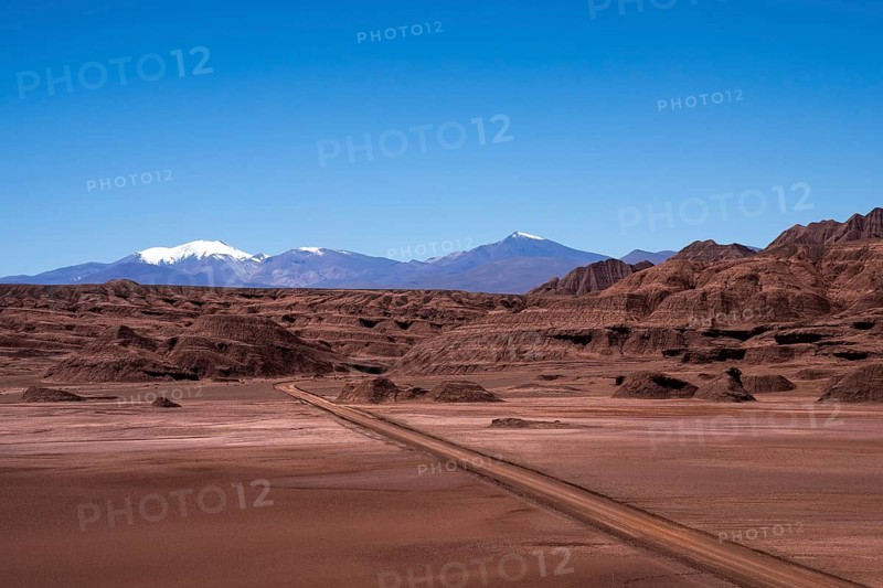 A scenic view of a winding dirt road cutting through the barren, textured terrain of La Puna in Argentina, with snow-capped mountains in the background under a clear blue sky