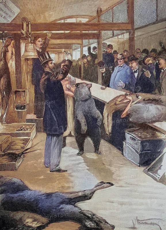 Bear Auction in the Berlin Market Hall, 1875, Germany, Historic, digitally restored reproduction of a 19th century original, exact original date unknown
