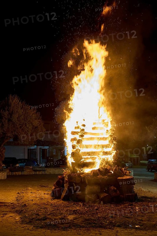 ©Udo Rein, Large bright fire from a pile of wood blazes high in the night and shines intensely, Easter fire Psinthos, Holy Saturday, Easter, Psinthos, Rhodes, Dodecanese, Greek Islands, Greece