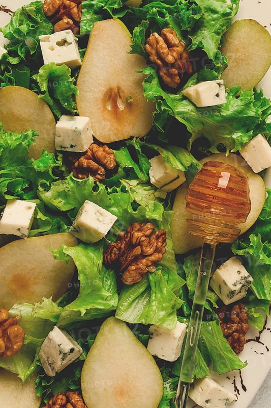 Keto Salad, pear with blue cheese and walnut, selective focus, no people, close-up
