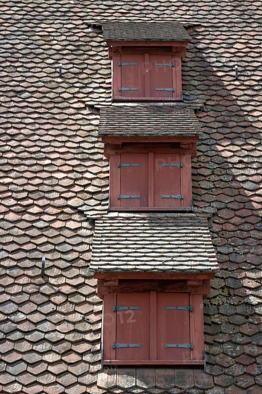 Dormer windows on the former barn, barn from 1424, today the cultural barn of the Altstadfreunde Nuremberg, Zirkelschmiedsgasse 30, Nuremberg, Middle Franconia, Bavaria, Germany