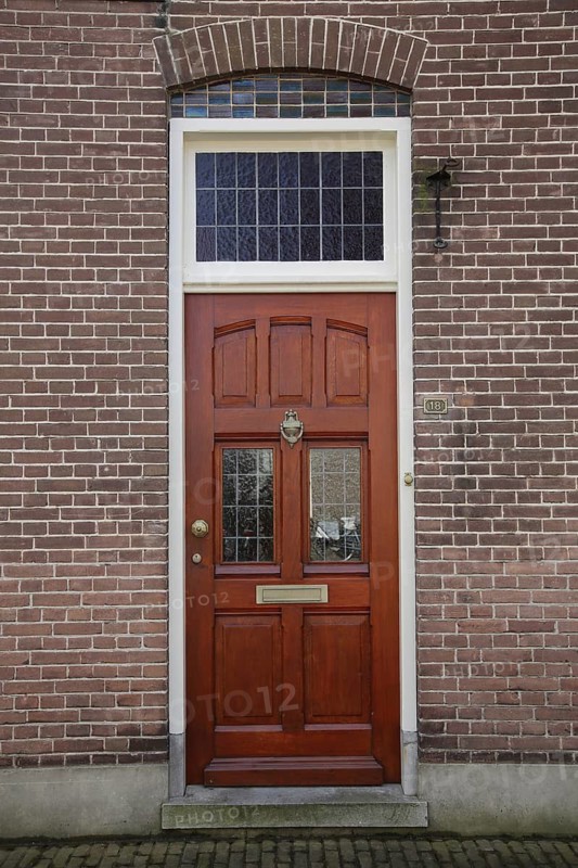 Brown front door with window, brick house, Den Burg, Texel, North Holland, Holland, Netherlands