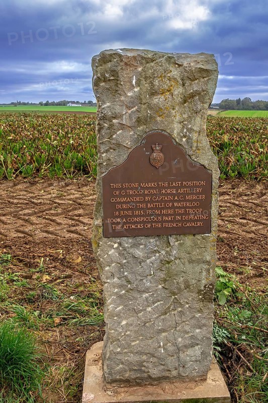 Remembering stone marking the last position of the British Royal Horse Artillery at 1815 Waterloo battlefield, Braine-l'Alleud, Wallonia, Belgium