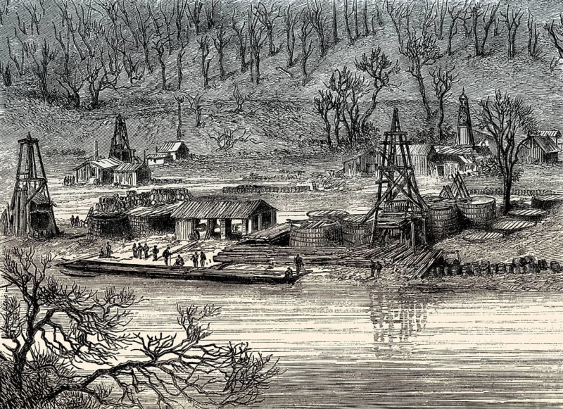 Early oil field exploitation in Pennsylvania, around 1862