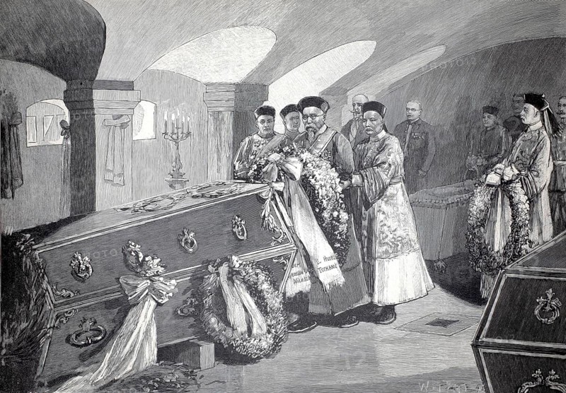 Li-Hung-Tschang, Li Hongzhang, at the coffin of Kaiser Wilhelm I, authentic, digitally restored reproduction from a 19th century model, exact date of depiction unknown, historical, men in mourning clothes standing around a coffin with wreaths in a church