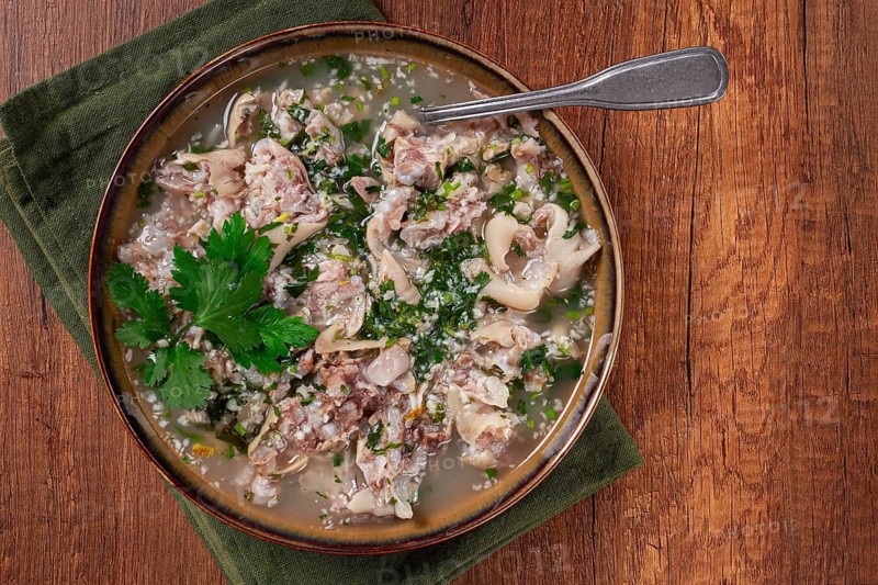 Muzhuzhi, a Georgian dish made from pork legs, with spices and herbs, homemade