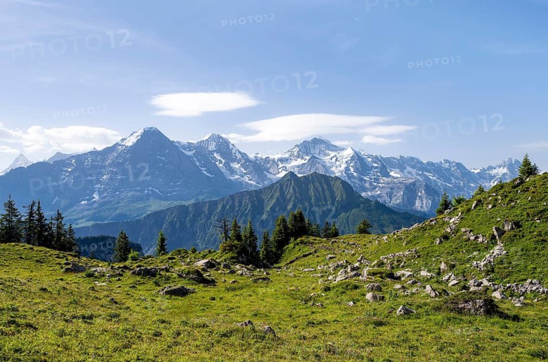 Picturesque mountain landscape, mountain panorama with peaks Eiger, Mönch and Jungfrau, Bernese Alps, Bernese Oberland, Switzerland