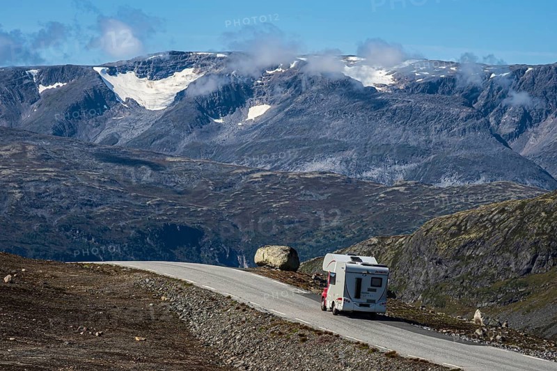 Camper van on mountain road Aurland - Lærdal, gamle Aurlandsvegen, National Tourist Route Aurlandsfjellet, Sognefjord, Norway
