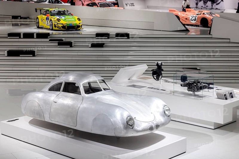 Porsche Museum Stuttgart. The Porsche Type 64, built in 1939, is the forefather of Porsche sports cars. The automotive museum of Dr. Ing. h.c. F. Porsche AG shows racing cars and iconic cars from automotive history. interior view. Zuffenhausen, Stuttgart, Baden-Württemberg, Germany