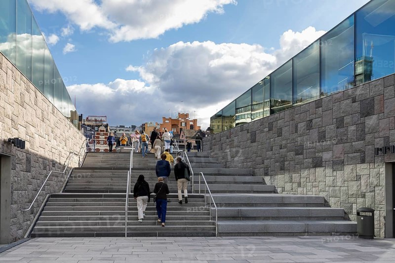 Wide staircase between new buildings at Slussen lock in downtown Stockholm, Sweden
