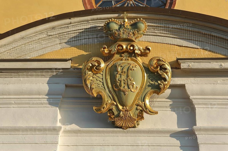 Golden coat of arms with initials and crown, Belvedere Palace, Weimar, Thuringia, Germany