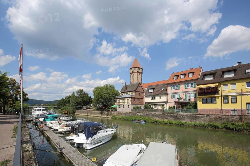 Historic Spitzer Tower on Tauberufer with boats and half-timbered houses, shipping pier, Tauber, Silhouette, Wertheim, Baden-Württemberg, Germany