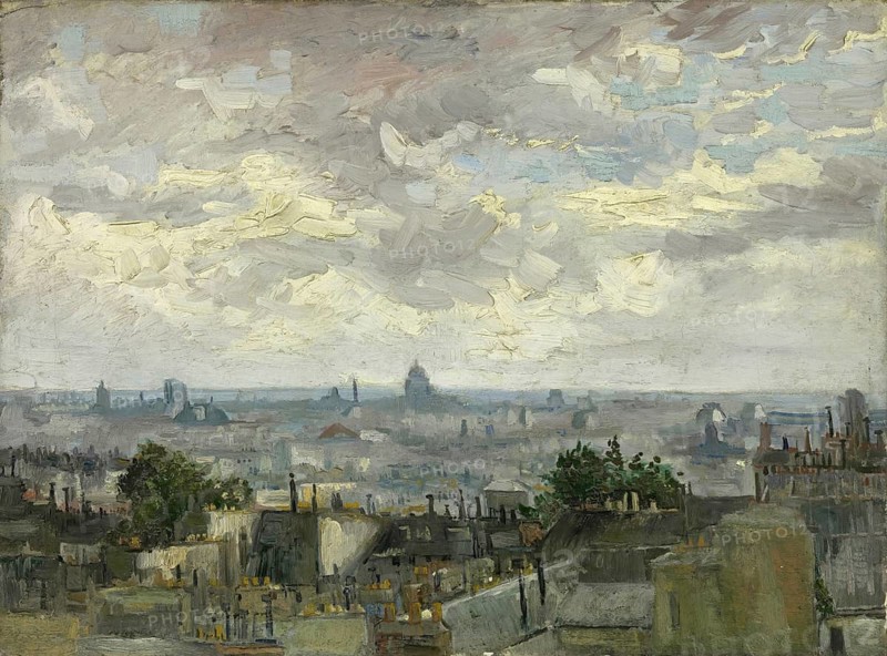 View of Paris (1886), View of Paris (1886), Painting by Vincent Willem van Gogh (born 30 March 1853 in Groot-Zundert, died 29 July 1890 in Auvers-sur-Oise), Dutch painter and draughtsman, one of the founders of modern painting, Illustration, Reproduction from a painting. Authentic, exact date of the original unknown, Historical, View over the roofs of a city with a cloudy sky