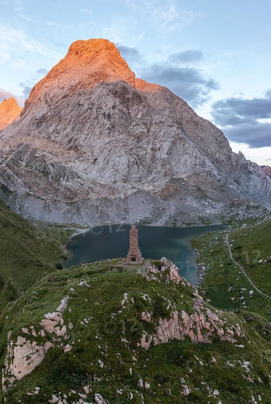 Aerial view, Lake Wolayersee with memorial statue, Carnic Alps, Carnic Alps main ridge, Austria