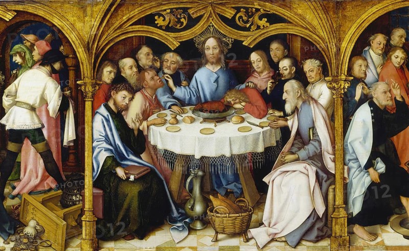 The Last Supper, created in 1501, is the central panel of the predella of the Frankfurt Dominican altar, painting shows Jesus Christ in the circle of his twelve apostles at their last meal together. Christ is seated in the centre, while the apostles are grouped around a round table in lively, sometimes dramatic poses, authentic reproduction of a work of art, painting, drawing by Hans Holbein the Elder (born 1465 in Augsburg, died 1524 in Basel or Isenheim), German Renaissance painter, historical