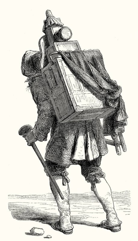 A man with a magic lantern on his back, France, 17th century