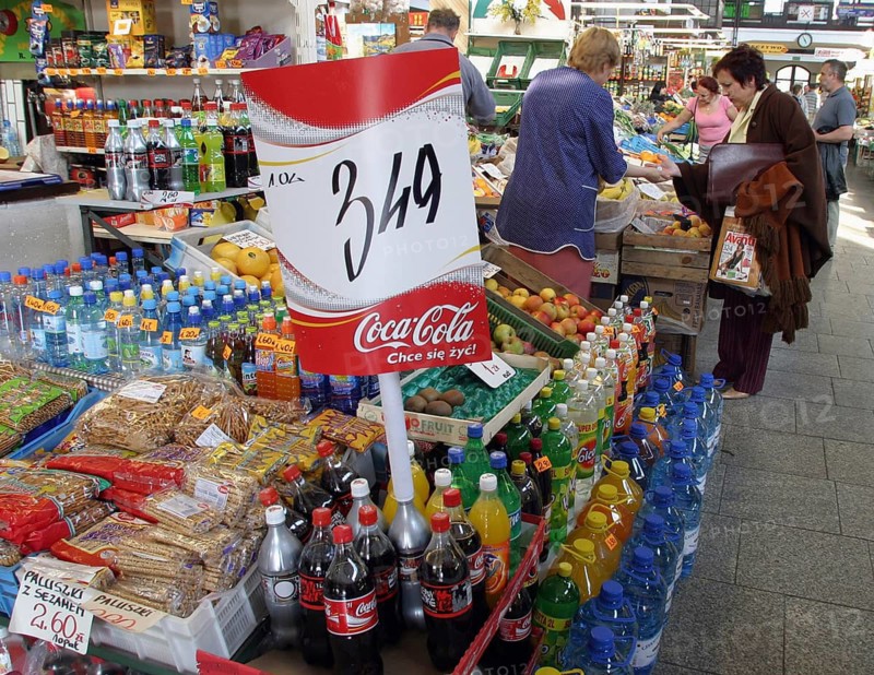 Drinks and vegetables are offered for sale in a market hall in Wroclaw, Poland, Wroclaw, Poland