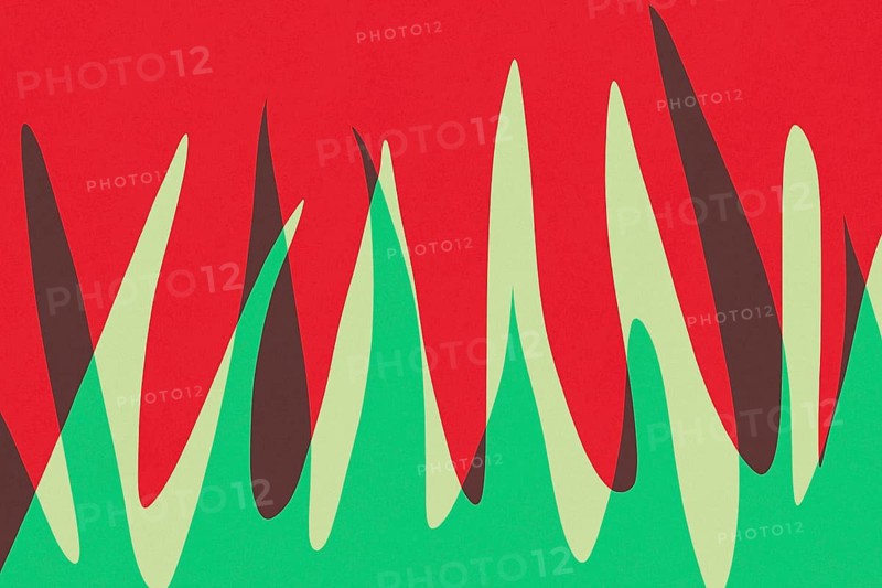 Dynamic abstract artwork featuring bold red and green shapes resembling flames or waves. The fluid design creates a sense of motion and energy, perfect for minimalist decor