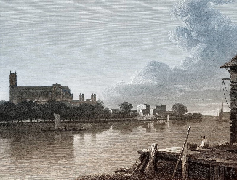View from River Thames to Westminster Abbey, London, England, 19th century