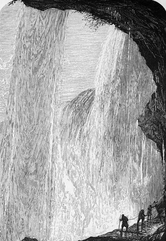 Group of visitors under the Niagara waterfall on the Canadian side, Niagara River, rock overhang, narrow rocky path, danger, attraction, travelling, Canada, historical illustration 18888