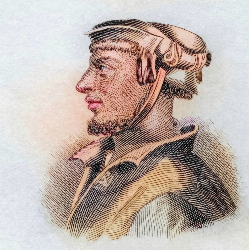Heinrich Cornelius, called Agrippa von Nettesheim, (born 14 September 1486 in Cologne, died 18 February 1535 in Grenoble) was a German polymath, theologian, jurist, physician and philosopher, coloured woodcut from Crabbe's Historical Dictionary from 1825, Historical, digital reproduction