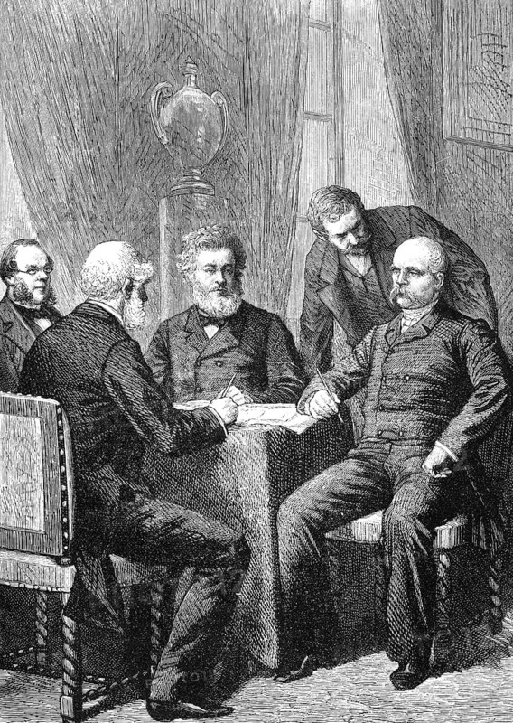Negotiations for surrender with Jules Favre, Otto von Bismarck and others, scene from the Franco-Prussian War or Franco-German War 1870-1871, between the French Empire and the Kingdom of Prussia, Friedensverhandlungen zwischen Bismarck und dem französischen Außenminister Jules Favre, der Friede von Frankfurt am 10. Mai 1871 in Frankfurt am Main, beendete formell den Deutsch-Französischen Krieg