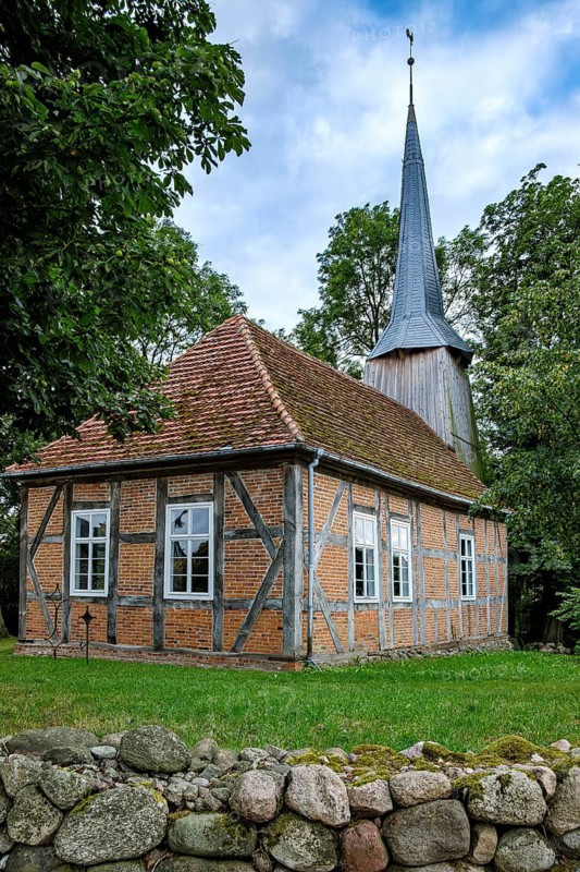 Picturesque view of Zachow village church, a 17th century half-timbered church in Zachow, Groß Nemerow, Mecklenburg-Western Pomerania, Germany