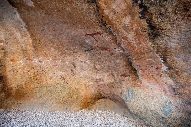 White Lady Rock Painting, White Lady Painting, Depiction of Hunters and Animals, Rock Paintings in Maack's Shelter, Tsisab Gorge, Brandberg, Erongo, Namibia