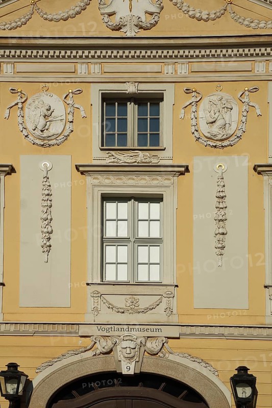 House facade with inscription and decorations from the Vogtland Museum, Plauen, Vogtland, Saxony, Germany