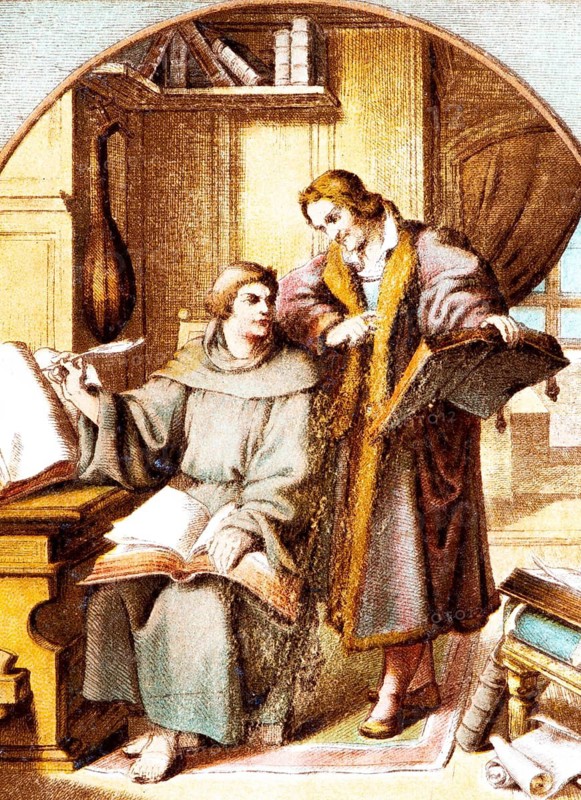 Luther and Melanchton translate the Bible, Luther's chamber at Wartburg Castle, Stages from Dr Martin Luther's life, coloured illustration ca. 1890