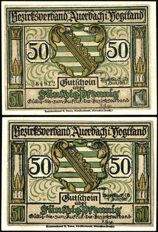 Banknote, emergency money, 50 Pfennig, 1921, Bezirksverband Auerbach im Vogtland, Germany, reproduction of a historical banknote