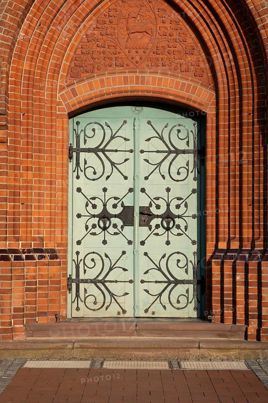 View of the front door of a church, Aller Leine Valley, Wittlohe, Kirchlinteln, Verden, Lower Saxony, Germany