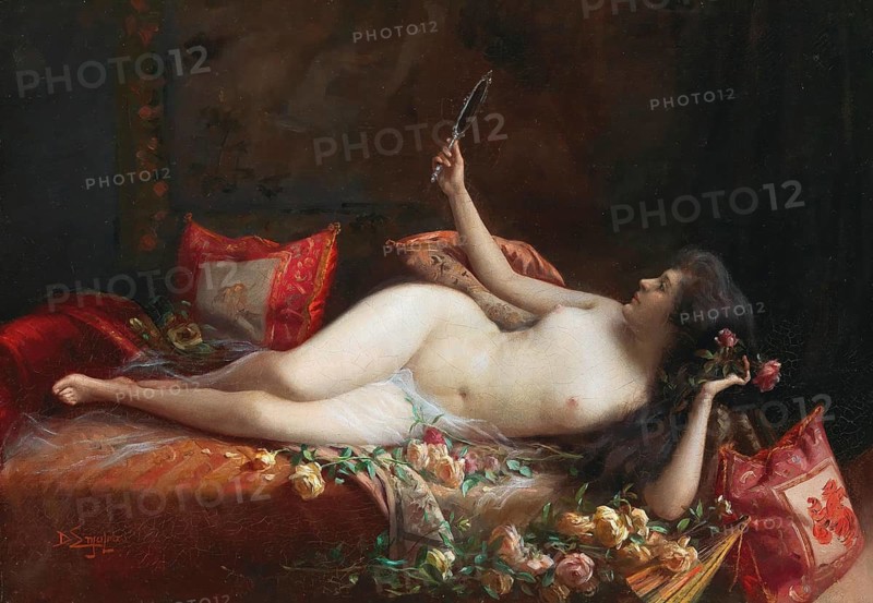 On a Bed of Roses is a well-known oil painting by the French academic painter Delphin Enjolras (1857-1945) . The work depicts a scene typical of the Belle Époque for Enjolras: a young, undressed or lightly clothed woman rests relaxed on a chaise longue strewn with roses, illustration, reproduction from a painting. Authentic, File restored for optimal use, Exact date of original unknown, Historic, A woman lies naked on a sofa, holding a mirror, surrounded by roses