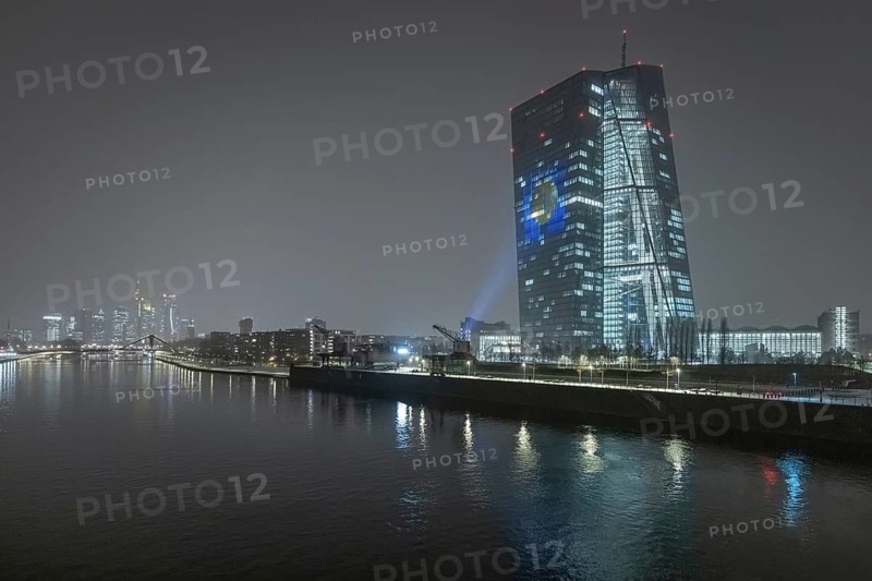 The façade of the European Central Bank (ECB) in Frankfurt am Main will be illuminated with a light show to mark the introduction of the euro in Bulgaria on 1 January 2026, Frankfurt am Main, Hesse, Germany