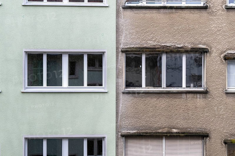 Windows, gray house facades, a house is renovated, renovation, modernization, contrast, difference, old new, Zürich, Switzerland