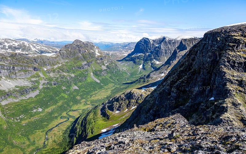 View of mountain scenery from the summit of Innerdalstårnet, Innerdalen high valley, Trollheimen Mountain Area, Sunndal, Møre og Romsda, Vestlandet, Norway