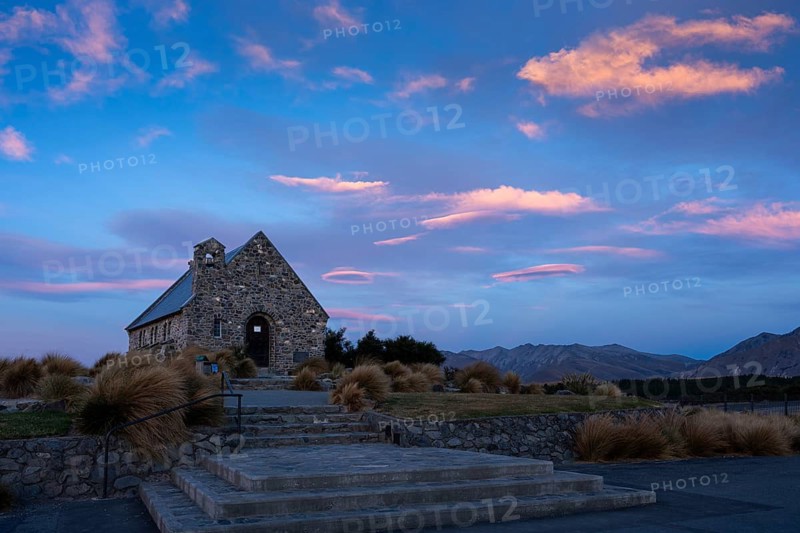 The small church The Church of the Good Shepherd on Lake Tekapo at sunset. Canterbury, South Island, New Zealand
