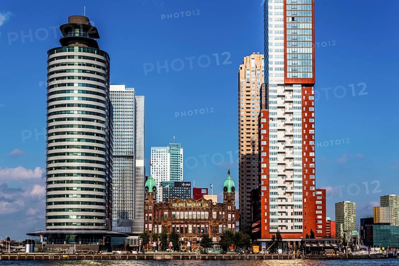 Hotel New York, historic art nouveau building on the Kop van Zuid, former headquarters of the Holland America Line, thousands of emigrants once left this place for North America, modern architecture in the city panorama, Rotterdam, Netherlands