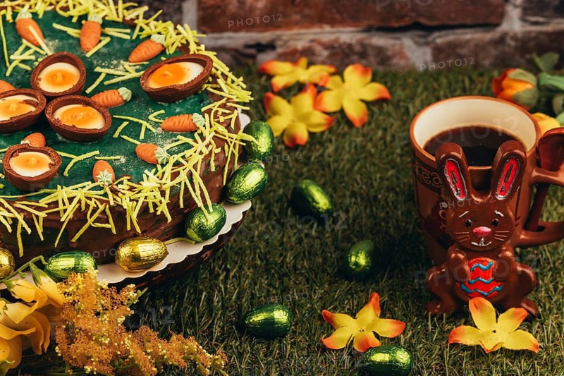 An Easter cake next to the Easter bunny, coffee cup and flower arrangement on grass