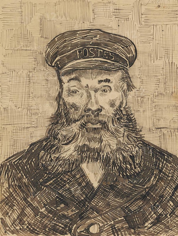 Portrait of Joseph Roulin (1888), Portrait of Joseph Roulin (1888), Painting by Vincent Willem van Gogh (born 30 March 1853 in Groot-Zundert, died 29 July 1890 in Auvers-sur-Oise), Dutch painter and draughtsman, one of the founders of modern painting, Illustration, Reproduction from a painting. Authentic, exact date of original unknown, Historical, Drawing of a man with beard in uniform and post cap, characterised by detailed line drawing