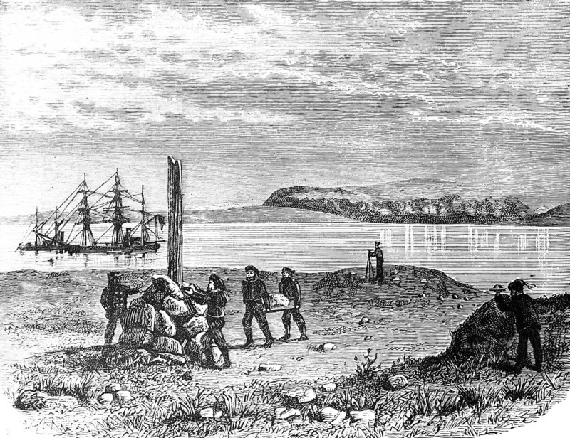 Cape Chelyuskin in Siberia on the Arctic Ocean, Taimyr Peninsula, tundra, northernmost mainland on earth, Arctic Ocean, three-master, voyage of exploration, crew erecting pile of stones, photographer with tripod and camera, islands, mountains, Northeast Passage, travelling in Asia, Russia, historical illustration 1887