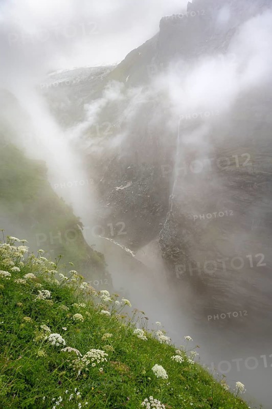 Cloud-covered mystical rock gorge with waterfalls, hike to Berghaus Bäregg, Bernese Alps, Bernese Oberland, Switzerland