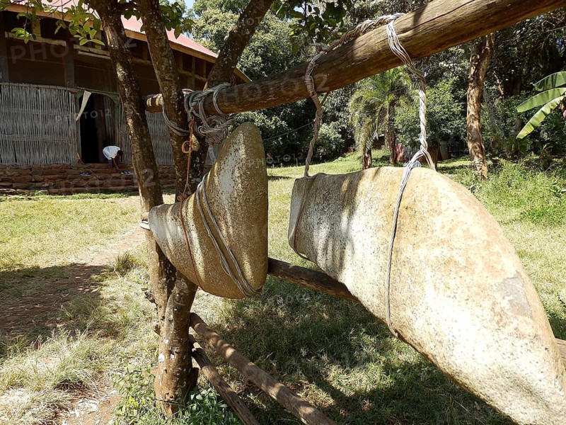 Two church bells made of hollow stones in front of an Orthodox church in Ethiopia