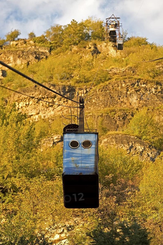 Gondola of a disused passenger cable car, mining town of Chiatura, Georgia