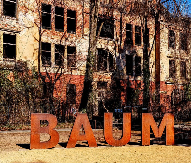 Art installation in front of the entrance to the former Alpenhaus, Historic Tuberculosis Sanatoriums in Beelitz, Brandenburg, Germany