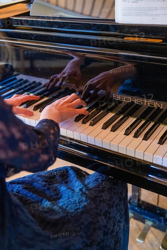 A person plays on a Bechstein piano. The fingers touch the keys synchronously, Jugend Musiziert, Nagold, Germany