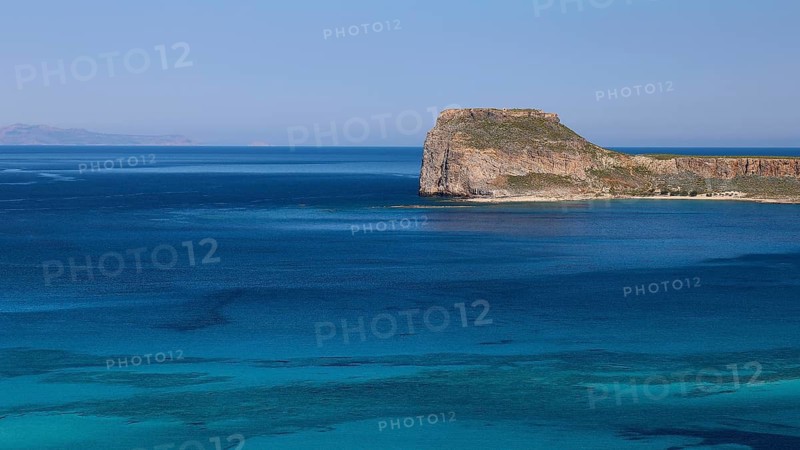 Blue Clipper with cliffs under a clear sky, Venetian Sea Fortress, Gramvoussa, Gramvoussa Peninsula, Pirate Bay, Balos, Lagoon, Northwest Crete, Crete, Greek Islands, Greece