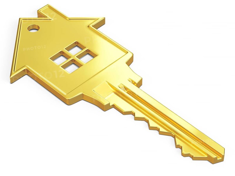 House safety rent real estate purchase concept, house shaped gold key isolated on white